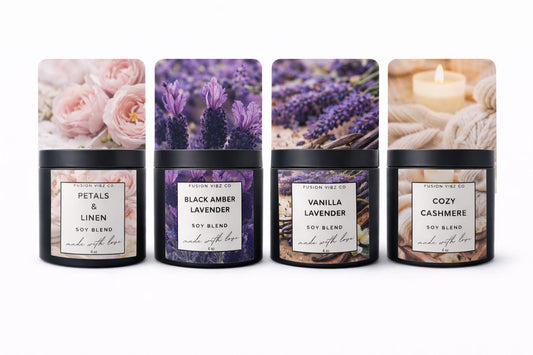 Relax & Unwind Wickless Candle Gift Set with Warmer Plate – 4 Pack Scented Flameless Candles, Petals & Linen, Black Amber Lavender, Vanilla Lavender, Cozy Cashmere – Home Fragrance Bundle