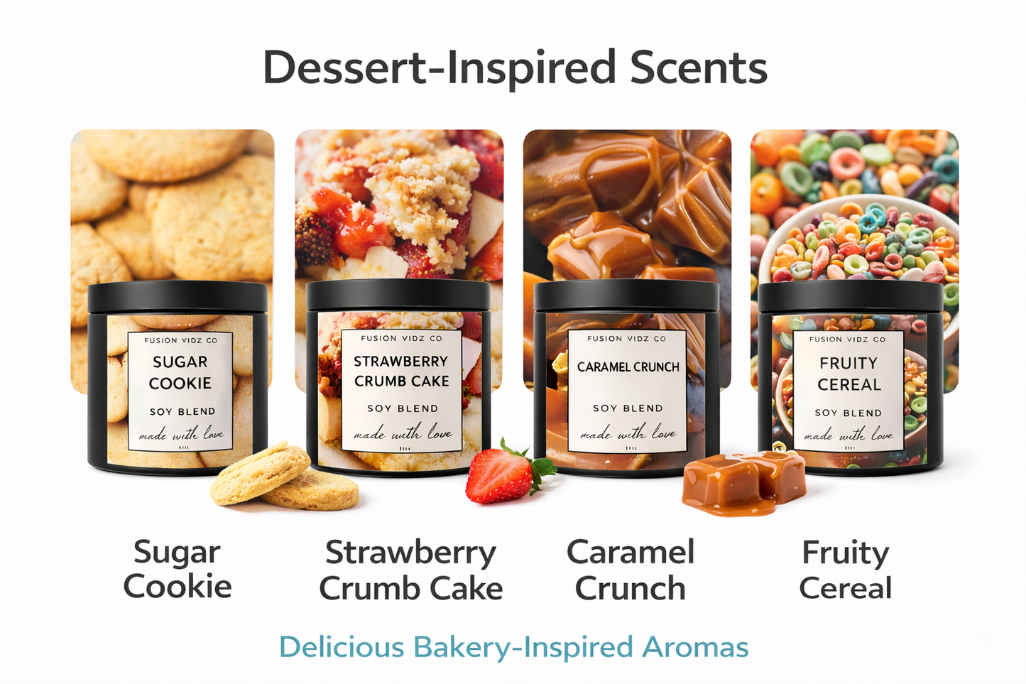 Dessert Collection Wickless Candle Bundle – 4 Sweet Bakery Scented Soy Blend Candles | Sugar Cookie, Strawberry Crumb Cake, Caramel Crunch & Fruity Cereal | Flame-Free Home Fragrance Gift Set